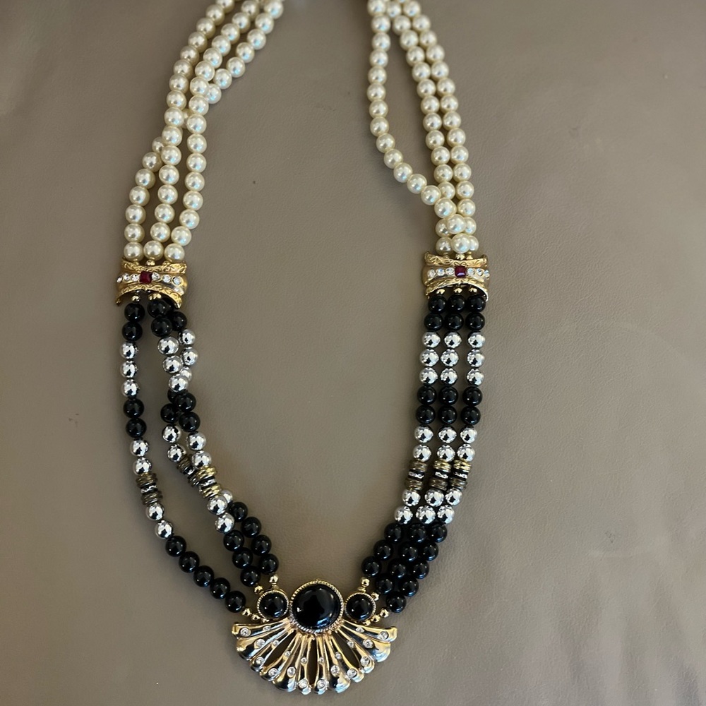 Vintage faux pearl, black bead and rhinestone necklace - 24-25”.
